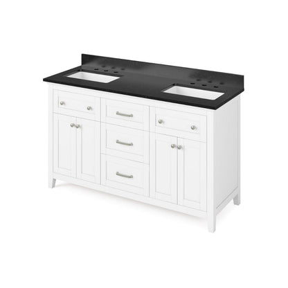 Jeffrey Alexander 60" White Chatham Vanity, double bowl, Black Granite Vanity Top, two undermount rectangle bowls | VKITCHA60WHBGR