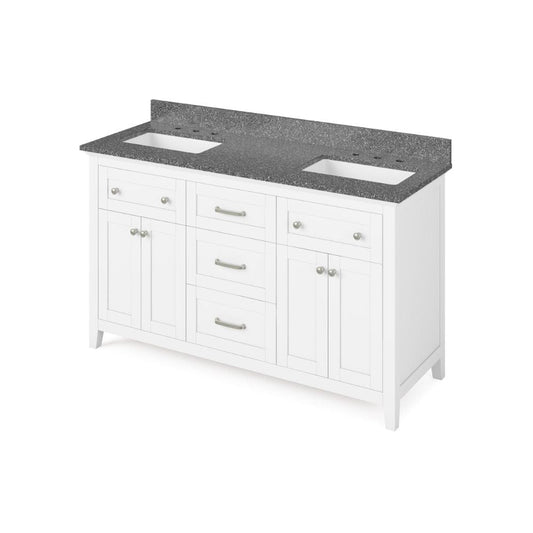 Jeffrey Alexander 60" White Chatham Vanity, double bowl, Boulder Cultured Marble Vanity Top, two undermount rectangle bowls | VKITCHA60WHBOR