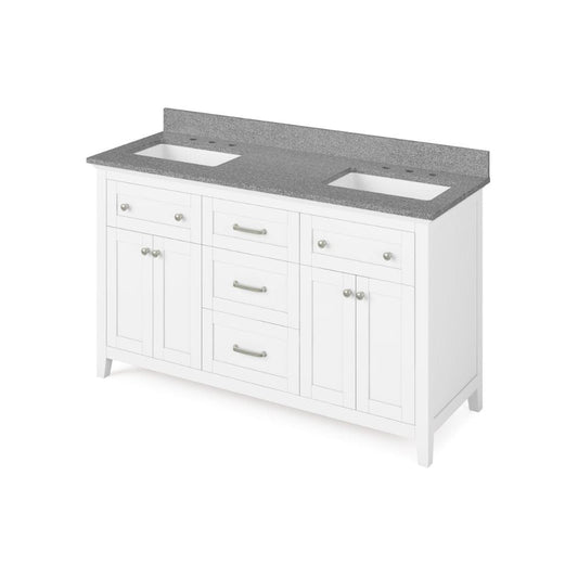 Jeffrey Alexander 60" White Chatham Vanity, double bowl, Steel Grey Cultured Marble Vanity Top, two undermount rectangle bowls | VKITCHA60WHSGR