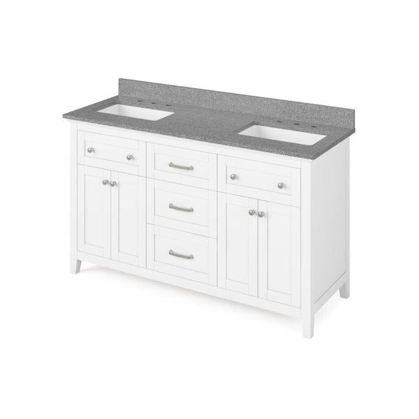 Jeffrey Alexander 60 White Chatham Vanity, double bowl, Steel Grey Cultured Marble Vanity Top, two undermount rectangle bowls | VKITCHA60WHSGR
