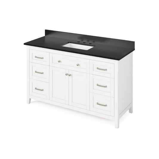 Jeffrey Alexander 60" White Chatham Vanity, Black Granite Vanity Top, undermount rectangle bowl | VKITCHA60SWHBGR