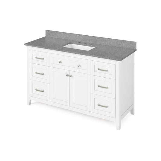 Jeffrey Alexander 60" White Chatham Vanity, Steel Grey Cultured Marble Vanity Top, undermount rectangle bowl | VKITCHA60SWHSGR