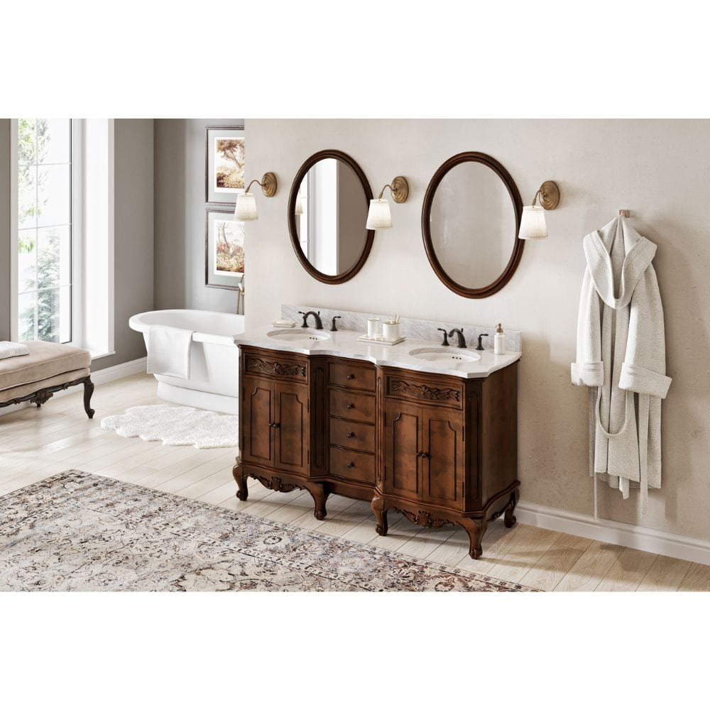 Carved floral onlays and French scrolled legs add sophistication to our Clairemont vanities. 