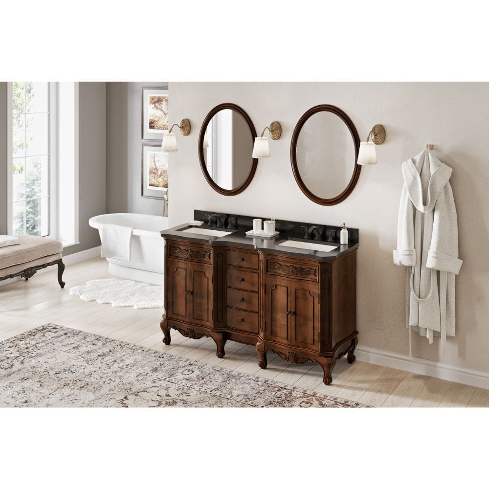 Carved floral onlays and French scrolled legs add sophistication to this traditional vanity. A large cabinet provides storage space for towels and linens. Drawers on the larger units offer additional storage. 