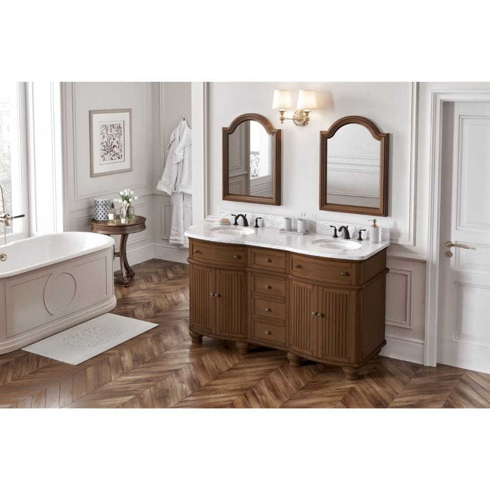 Simple beadboard doors, curved bun feet, and a rounded front form this cottage-style vanity collection.