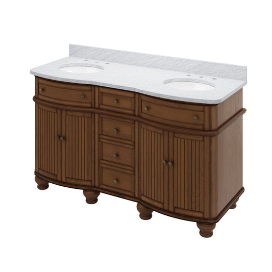 Jeffrey Alexander 60" Walnut Compton Vanity, double bowl, Compton-only White Carrara Marble Vanity Top, two undermount oval bowls | VKITCOM60WAWCO