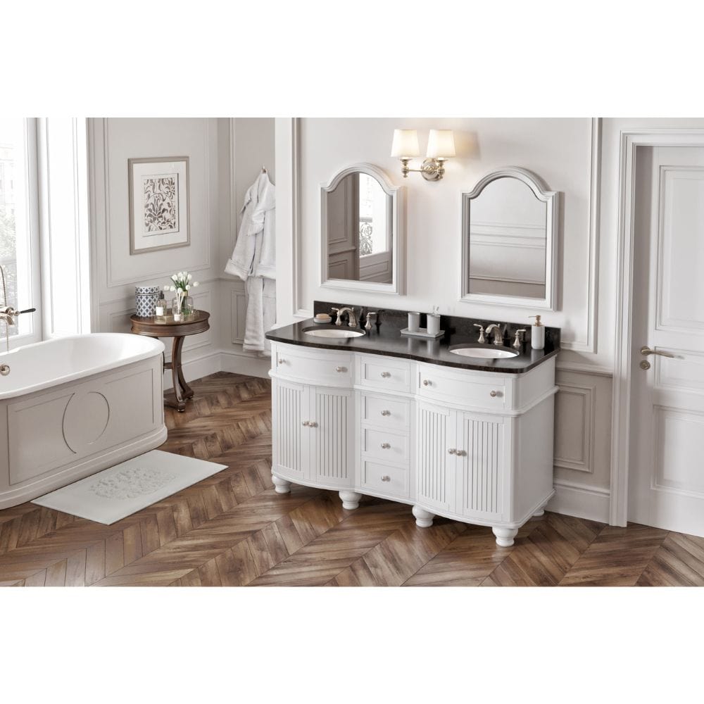 Simple beadboard doors, curved bun feet, and a rounded front form this cottage-style vanity collection. 