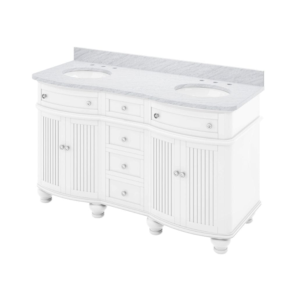 Jeffrey Alexander 60" White Compton Vanity, double bowl, Compton-only White Carrara Marble Vanity Top, two undermount oval bowls | VKITCOM60WHWCO