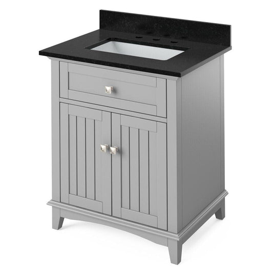 Jeffrey Alexander 30" Grey Savino Vanity, Black Granite Vanity Top, undermount rectangle bowl | VKITSAV30GRBGR