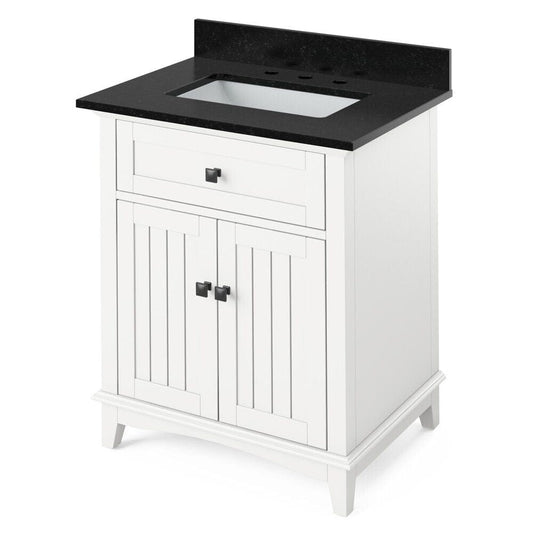 Jeffrey Alexander 30" White Savino Vanity, Black Granite Vanity Top, undermount rectangle bowl | VKITSAV30WHBGR