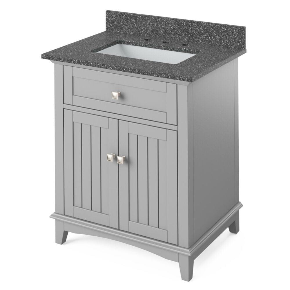 Jeffrey Alexander 30" Grey Savino Vanity, Boulder Cultured Marble Vanity Top, undermount rectangle bowl | VKITSAV30GRBOR