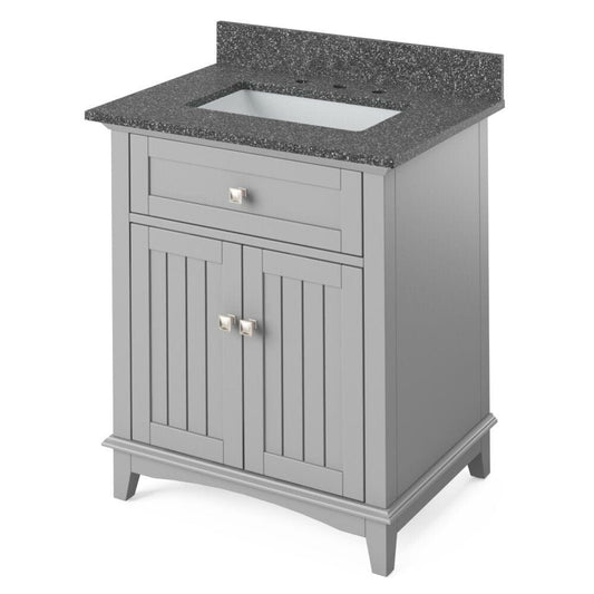 Jeffrey Alexander 30" Grey Savino Vanity, Boulder Cultured Marble Vanity Top, undermount rectangle bowl | VKITSAV30GRBOR