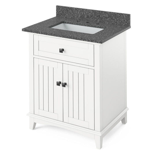 Jeffrey Alexander 30" White Savino Vanity, Boulder Cultured Marble Vanity Top, undermount rectangle bowl | VKITSAV30WHBOR