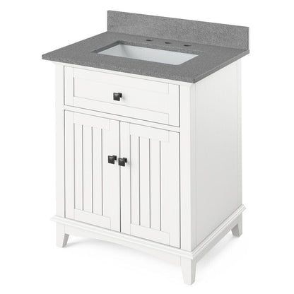 Jeffrey Alexander 30" White Savino Vanity, Steel Grey Cultured Marble Vanity Top, undermount rectangle bowl | VKITSAV30WHSGR