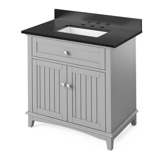 Jeffrey Alexander 36" Grey Savino Vanity, Black Granite Vanity Top, undermount rectangle bowl | VKITSAV36GRBGR