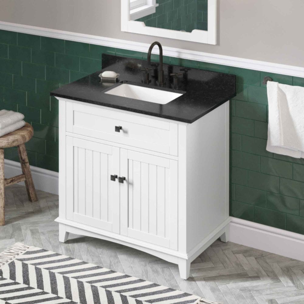 Jeffrey Alexander Annadale knobs in trendy Matte Black Included top has three holes cut for an 8” widespread faucet and a 4” backsplash