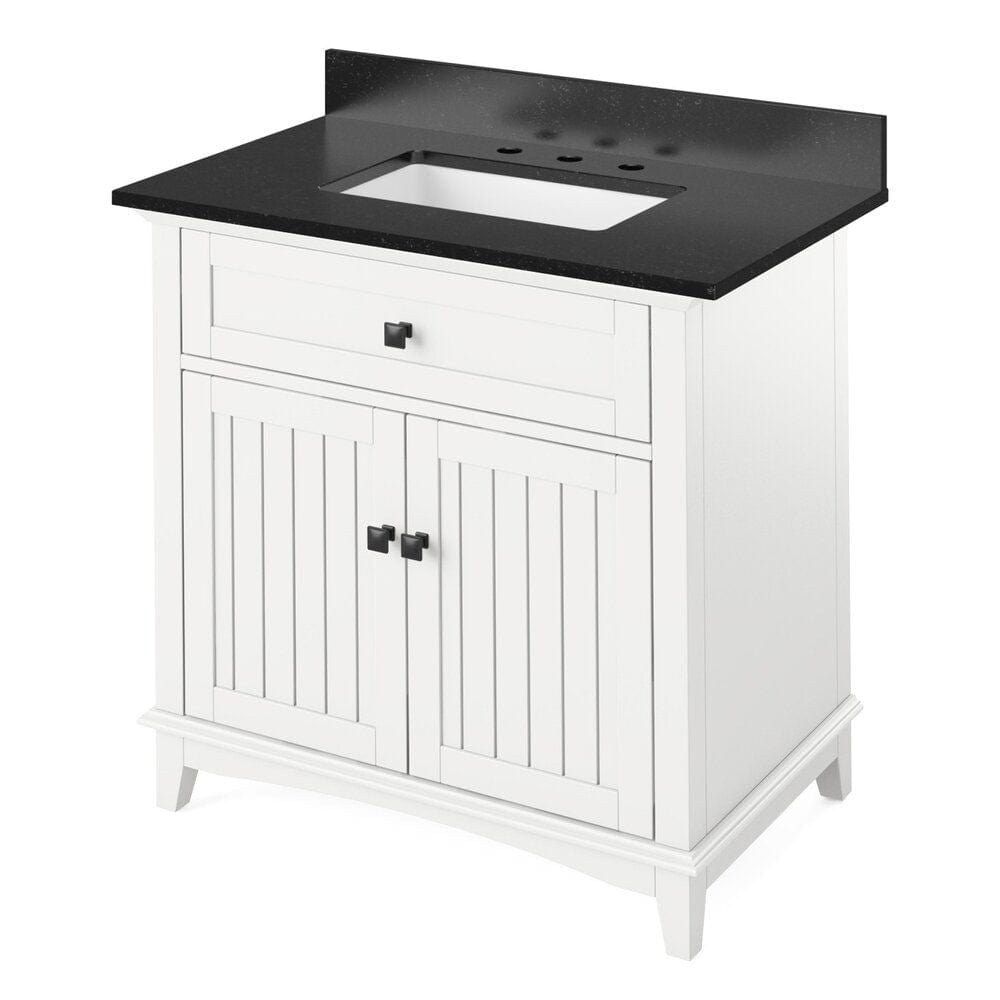 Jeffrey Alexander 36" White Savino Vanity, Black Granite Vanity Top, undermount rectangle bowl | VKITSAV36WHBGR