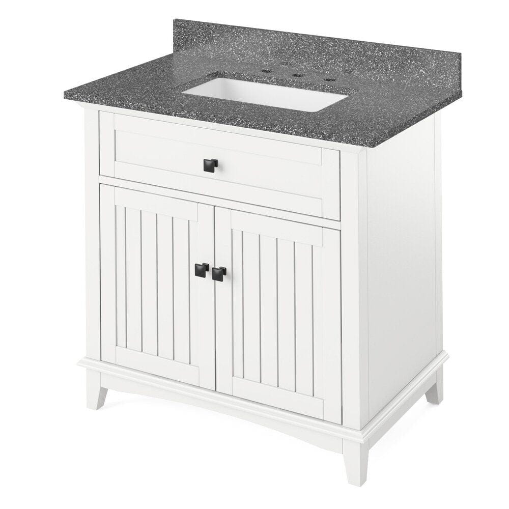 Jeffrey Alexander 36" White Savino Vanity, Boulder Cultured Marble Vanity Top, undermount rectangle bowl | VKITSAV36WHBOR