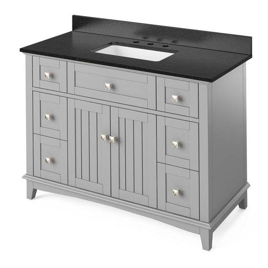 Jeffrey Alexander 48" Grey Savino Vanity, Black Granite Vanity Top, undermount rectangle bowl | VKITSAV48GRBGR