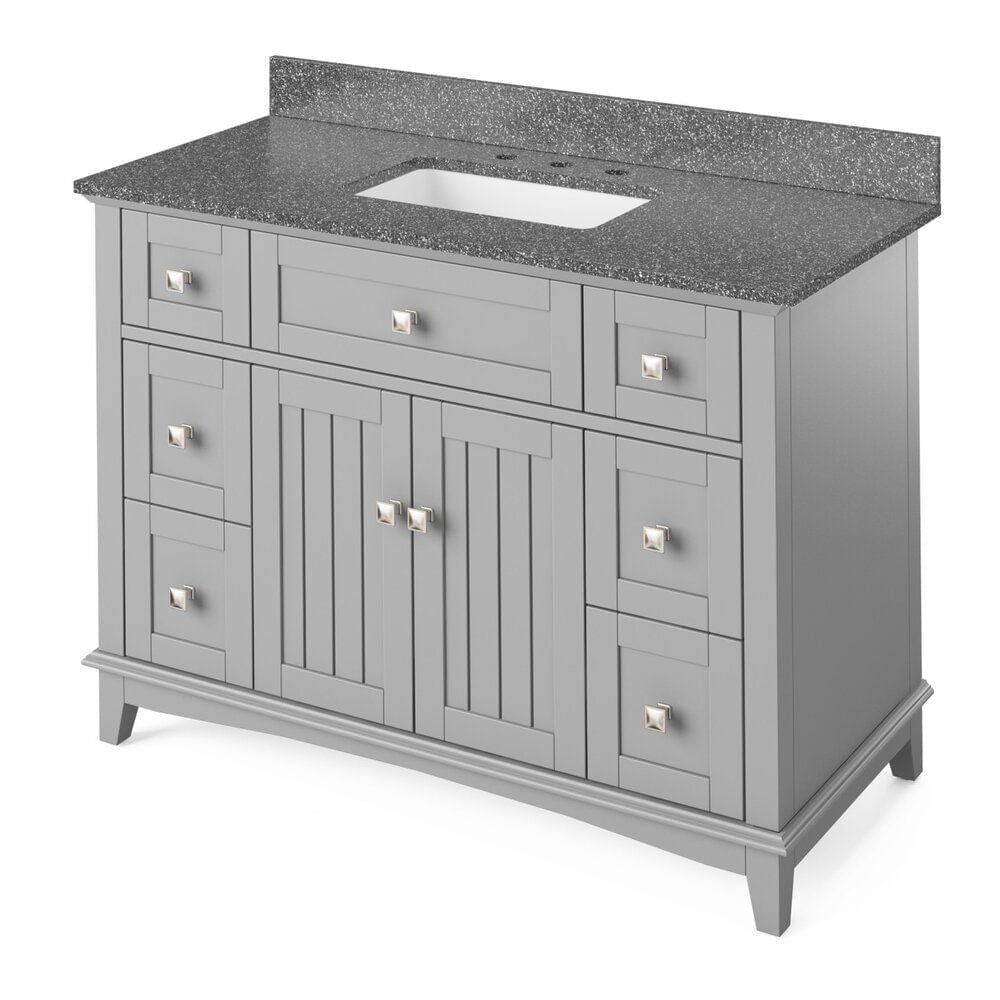 Jeffrey Alexander 48" Grey Savino Vanity, Boulder Cultured Marble Vanity Top, undermount rectangle bowl | VKITSAV48GRBOR