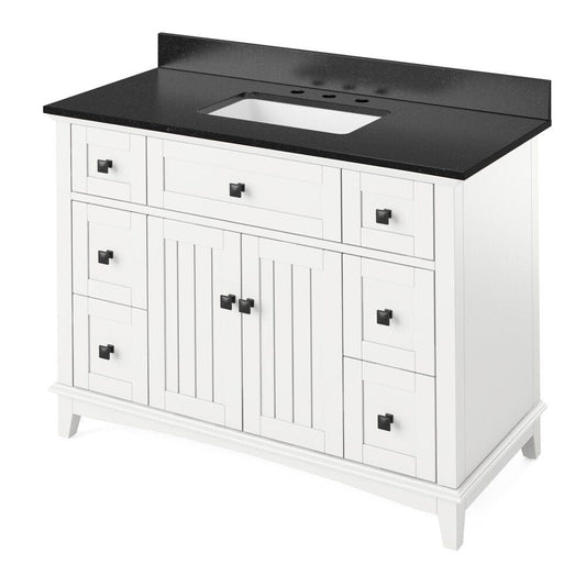 Jeffrey Alexander 48" White Savino Vanity, Black Granite Vanity Top, undermount rectangle bowl | VKITSAV48WHBGR