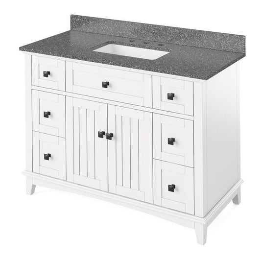 Jeffrey Alexander 48" White Savino Vanity, Boulder Cultured Marble Vanity Top, undermount rectangle bowl | VKITSAV48GRBOR