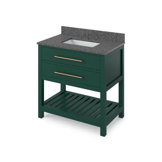 Jeffrey Alexander 36" Forest Green Wavecrest Vanity, Boulder Cultured Marble Vanity Top, undermount rectangle bowl | VKITWAV36GNBOR