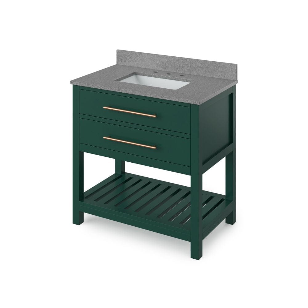 Jeffrey Alexander 36" Forest Green Wavecrest Vanity, Steel Grey Cultured Marble Vanity Top, undermount rectangle bowl | VKITWAV36GNSGR