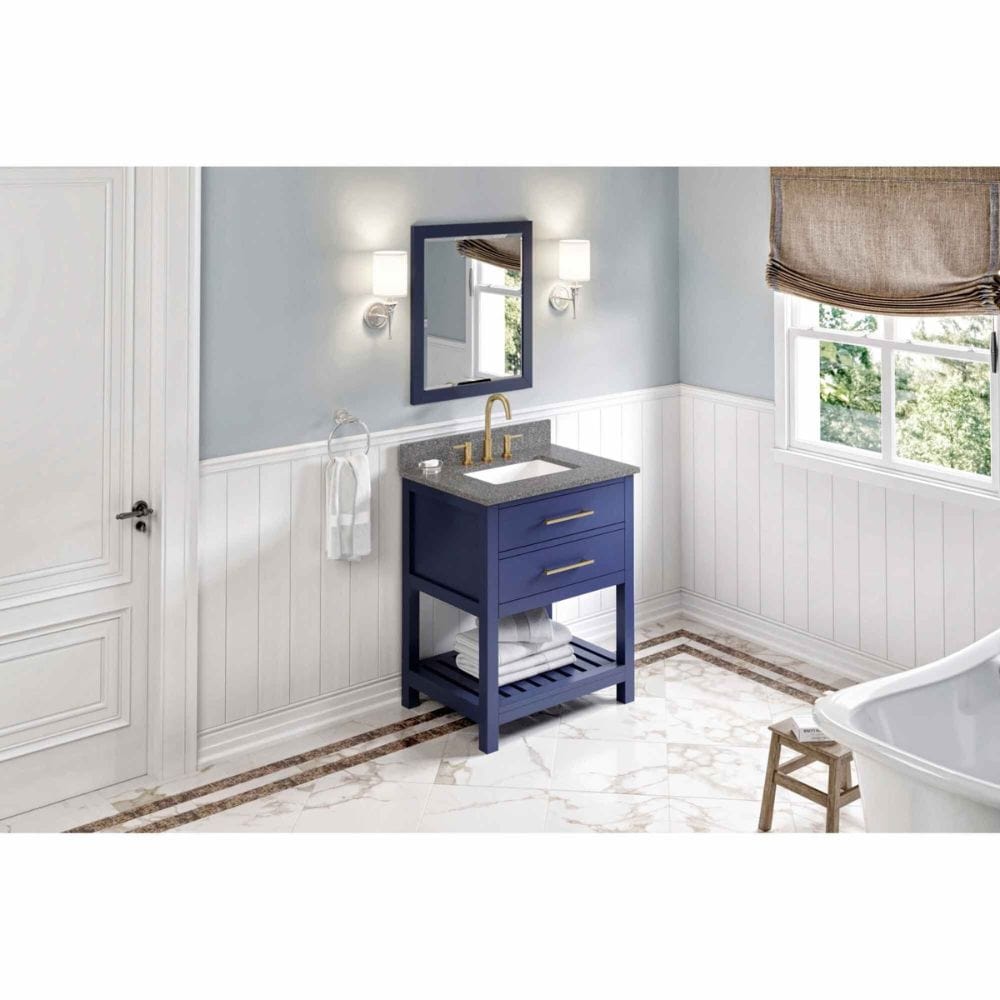 Escape to the seaside with the Wavecrest vanity. Crisp, clean edges and a slatted bottom shelf evoke a coastal calm feeling.