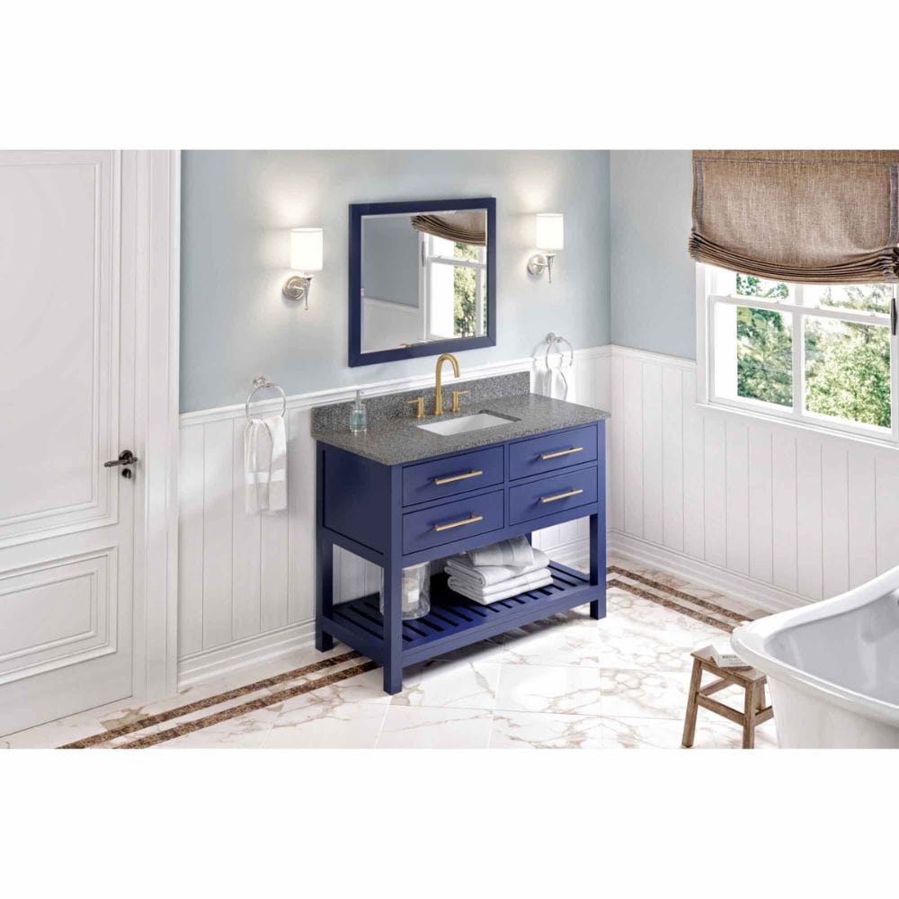 Escape to the seaside with the Wavecrest vanity. Crisp, clean edges and a slatted bottom shelf evoke a coastal calm feeling.