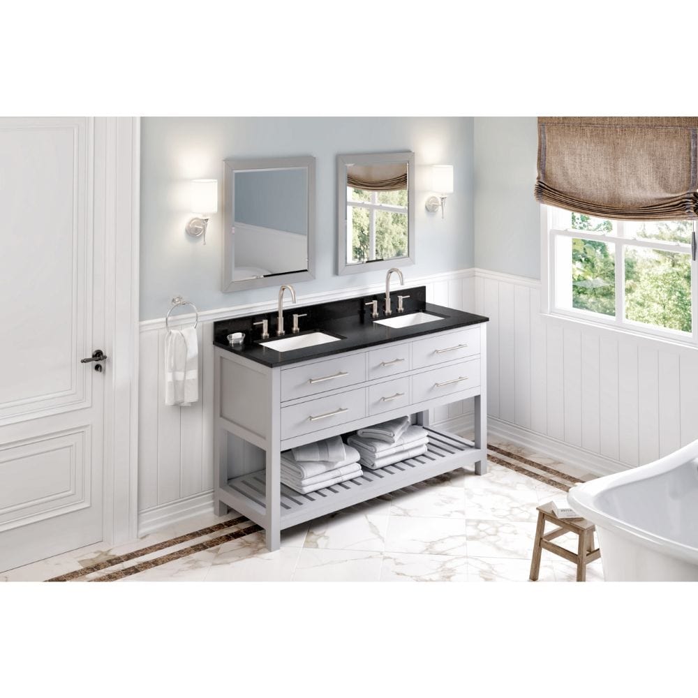 The included top has holes cut for two 8” widespread faucets, and a 4” tall backsplash is included. The vanity top is designed to overhang ½” on each side of the vanity.