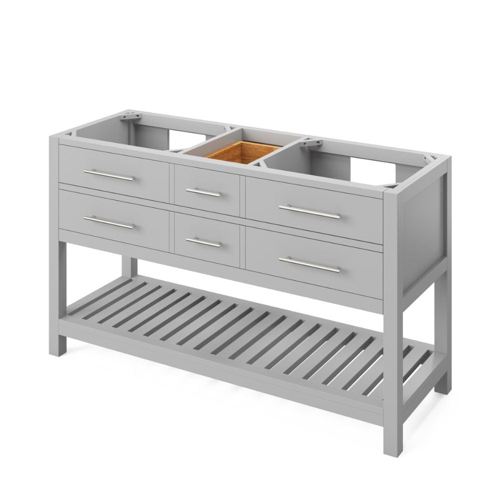Escape to the seaside with the Wavecrest vanity. Crisp, clean edges and a slatted bottom shelf evoke a coastal calm feeling. False front drawers are transformed into hidden tipout storage space with solid hardwood custom sized tipout trays. 