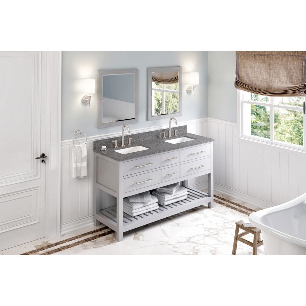 Wavecrest Grey 60" Double Sink Vanity with Boulder Cultured Marble Top | VKITWAV60GRBOR