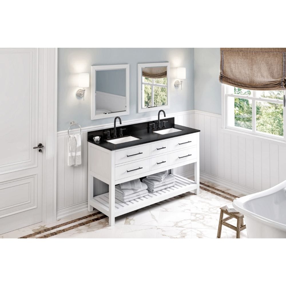 Escape to the seaside with the Wavecrest vanity. Crisp, clean edges and a slatted bottom shelf evoke a coastal calm feeling. False front drawers are transformed into hidden tipout storage space with solid hardwood custom sized tipout trays. 