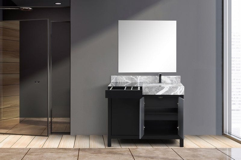 Zilara Transitional Black and Grey 42" Vanity Set, Balzani Gun Metal Faucet Set, and 34" Frameless Mirror | LZ342242SLISM34FBG