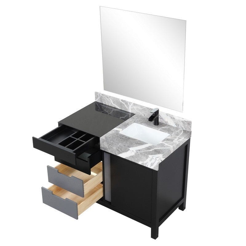 Zilara Transitional Black and Grey 42" Vanity Set, Cascata Nera Matte Black Faucet Set, and 34" Frameless Mirror | LZ342242SLISM34FCM