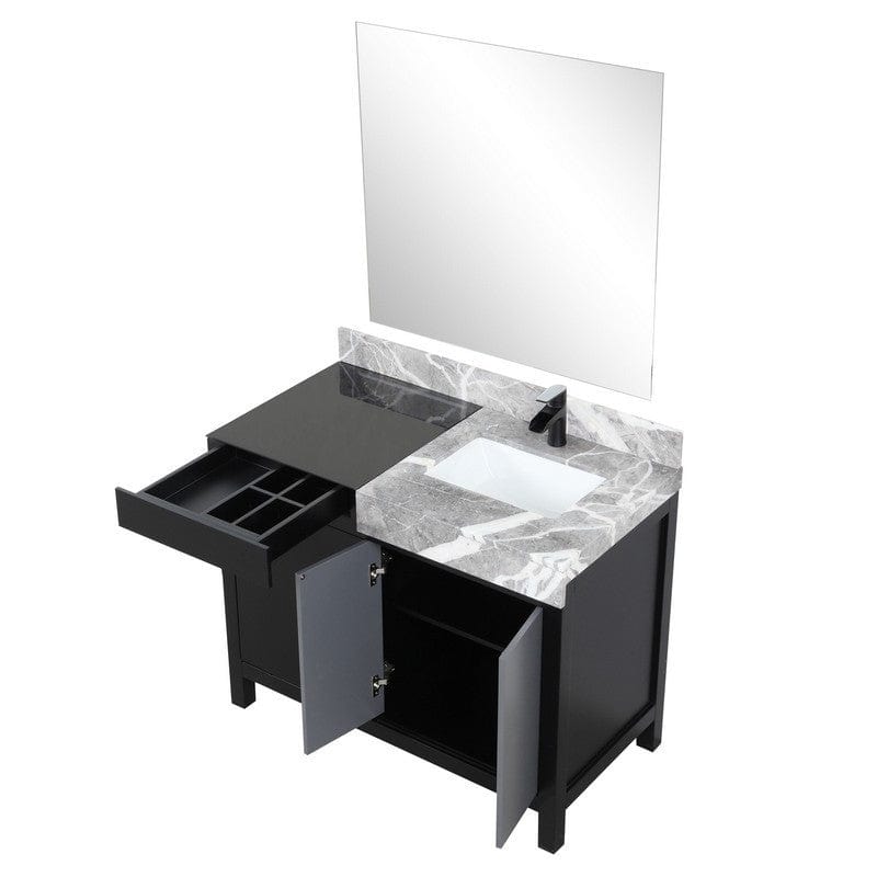 Zilara Transitional Black and Grey 42" Vanity Set, Cascata Nera Matte Black Faucet Set, and 34" Frameless Mirror | LZ342242SLISM34FCM