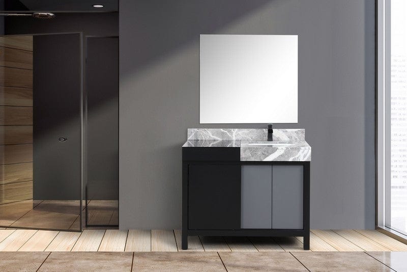 Zilara Transitional Black and Grey 42" Vanity Set, Cascata Nera Matte Black Faucet Set, and 34" Frameless Mirror | LZ342242SLISM34FCM