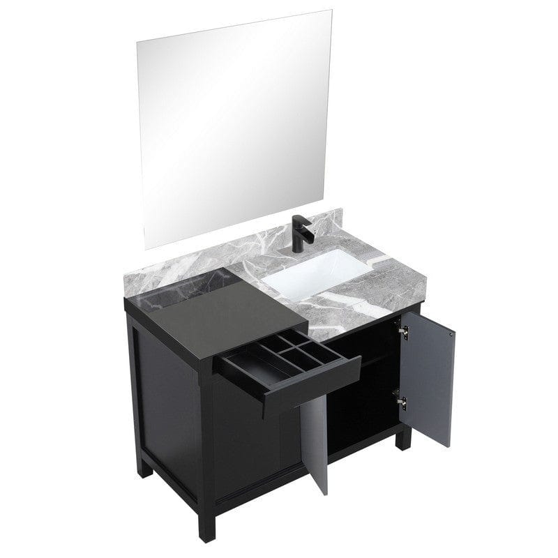 Zilara Transitional Black and Grey 42" Vanity Set, Cascata Nera Matte Black Faucet Set, and 34" Frameless Mirror | LZ342242SLISM34FCM