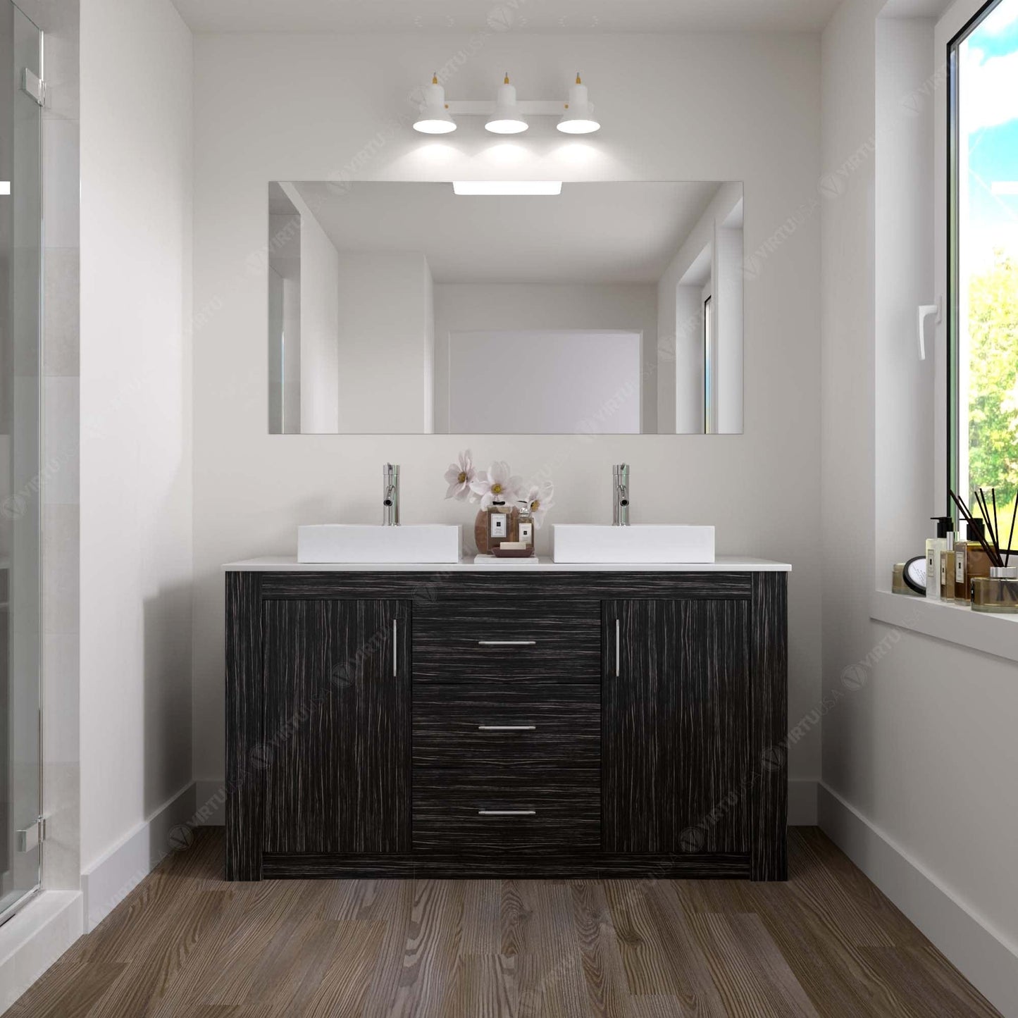 Virtu Tavian 60" Double Vanity in Midnight Oak w/ White Stone Top and Sinks