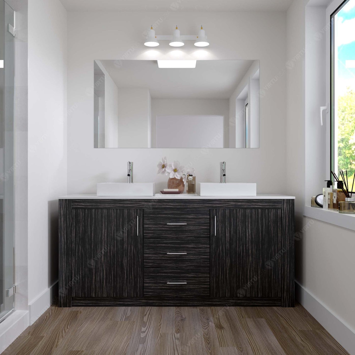 Virtu Tavian 72" Double Vanity in Midnight Oak w/ White Stone Top and Sinks