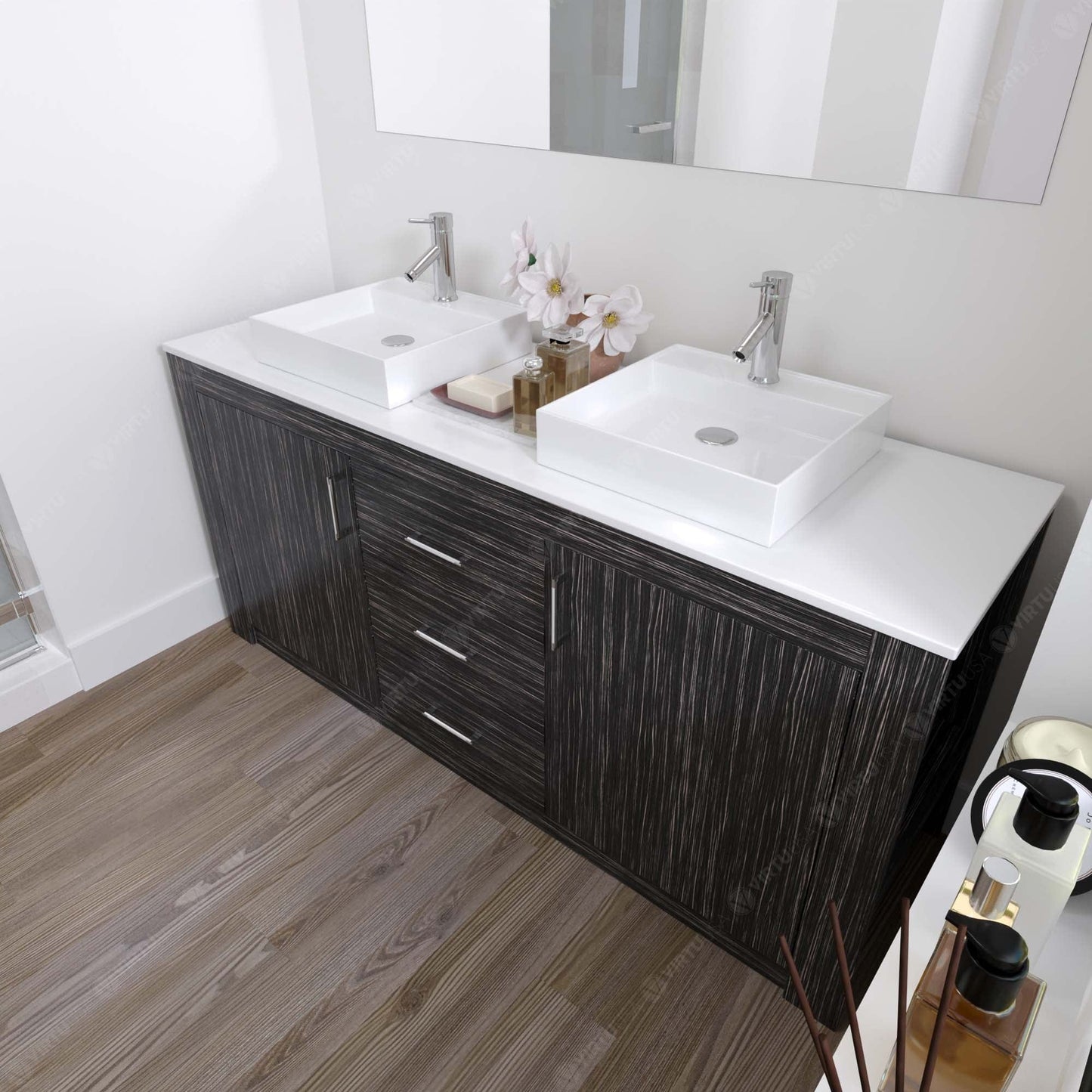 Virtu Tavian 72" Double Vanity in Midnight Oak w/ White Stone Top and Sinks