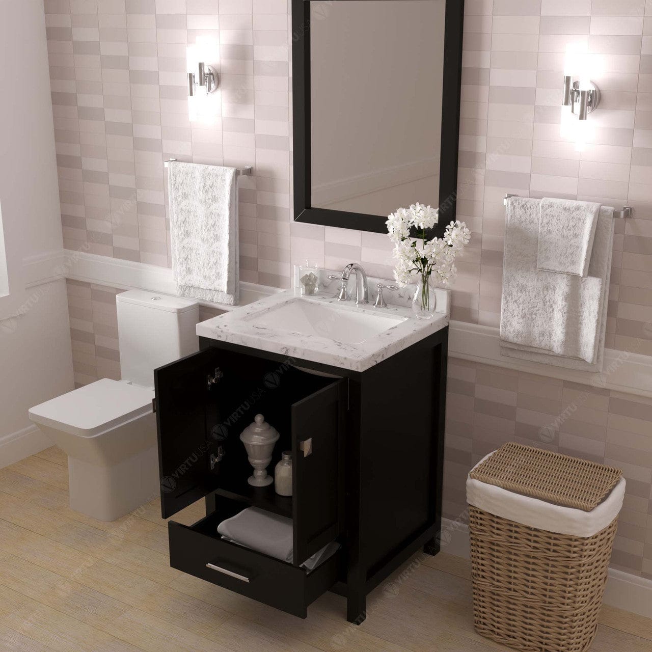 Caroline Avenue 24" Single Bath Vanity in Espresso with Quartz Countertop drawers open