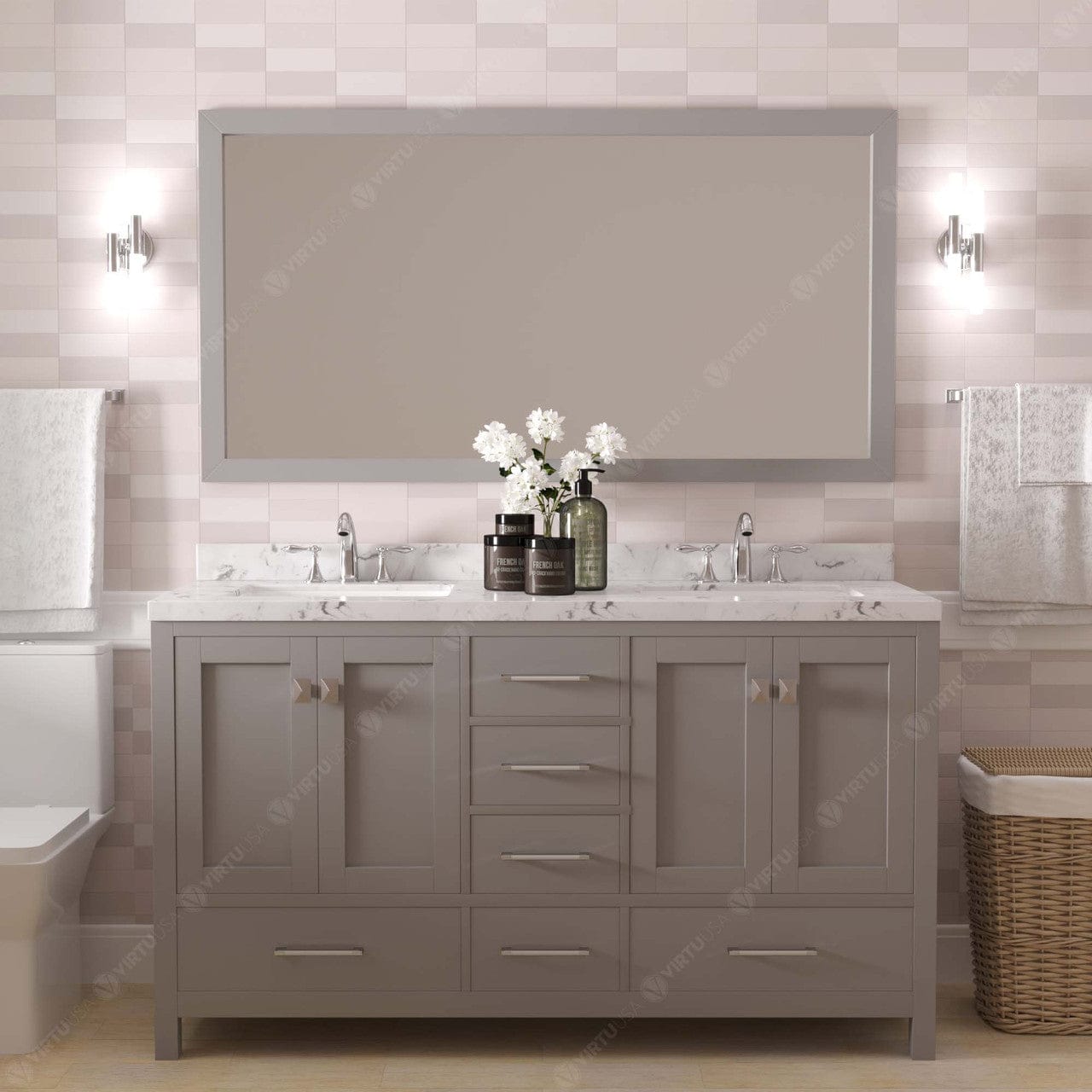 Caroline Avenue 60" Double Bath Vanity in Gray with Quartz Countertop front view