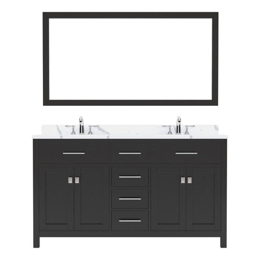 Virtu USA Caroline Avenue 60" Double Bath Vanity in Espresso with Calacatta Quartz Top and Round Sink with Polished Chrome Faucet with Matching Mirror | MD-2060-CCRO-ES-002