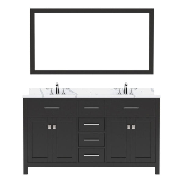 Virtu USA Caroline Avenue 60 Double Bath Vanity in Espresso with Calacatta Quartz Top and Round Sink with Polished Chrome Faucet with Matching Mirror | MD-2060-CCRO-ES-002