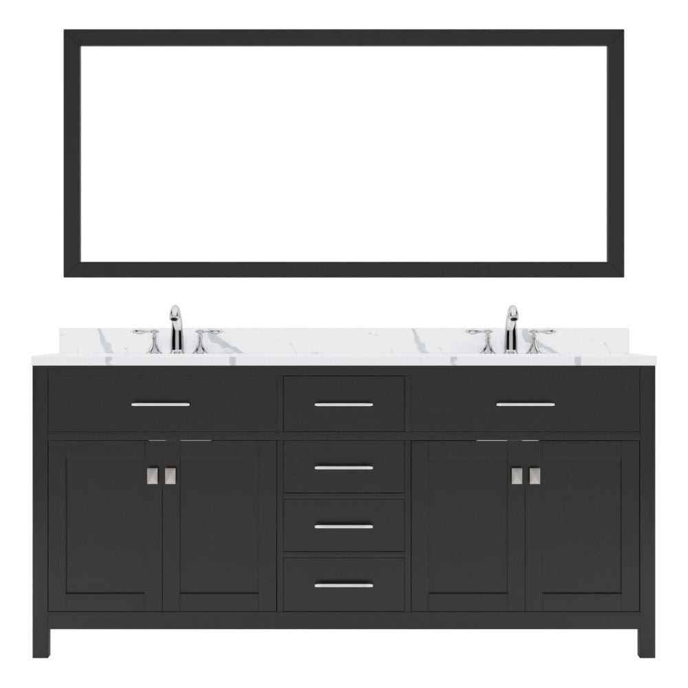 Virtu USA Caroline Avenue 72" Double Bath Vanity in Espresso with Calacatta Quartz Top and Square Sink with Brushed Nickel Faucet with Matching Mirror | MD-2072-CCRO-ES-001