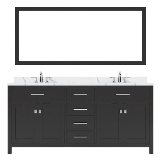 Virtu USA Caroline Avenue 72" Double Bath Vanity in Espresso with Calacatta Quartz Top and Square Sink with Polished Chrome Faucet with Matching Mirror | MD-2072-CCRO-ES-002