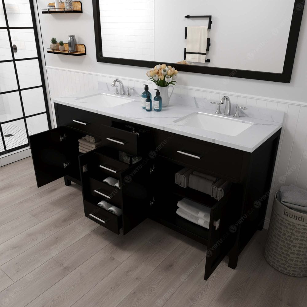 Functional & Versatile - Soft-closing door hinges and drawer glides provide added luxury, safety, and longevity. Each Caroline vanity is handcrafted with a 2" solid wood birch frame built to last a lifetime.