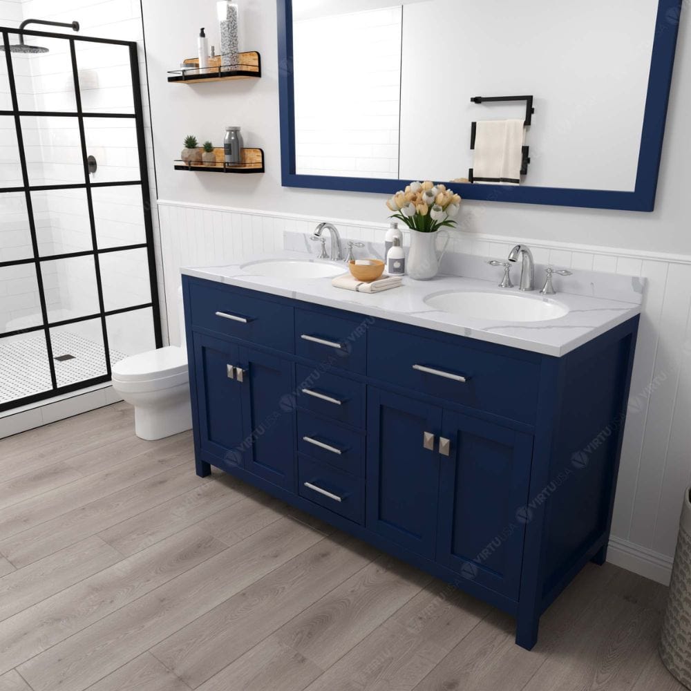 Virtu USA Vanities Caroline Avenue French Blue 60" Double Round Sink Vanity with Calacatta Quartz Top | MD-2060-CCRO-FB